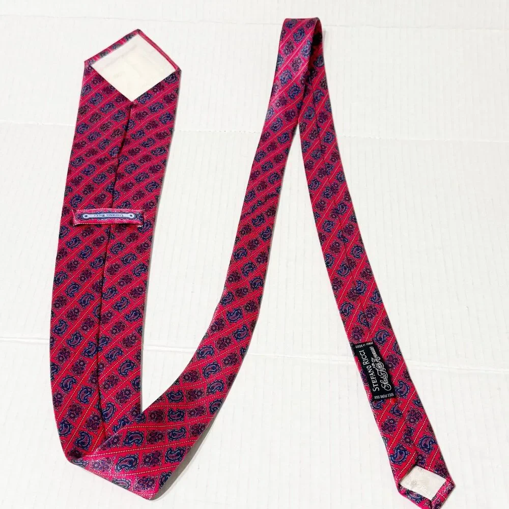 Stefano Ricci for Saks Fifth Avenue Tie Silk Vibrant Red Grid of Small Paisleys
